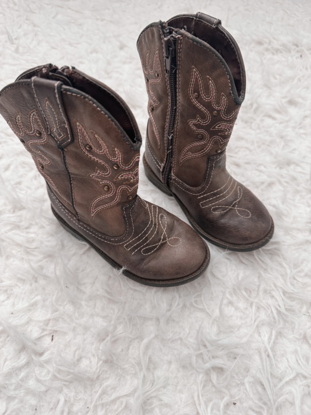 Brown Western Kids Zip-Up Cowboy Boots - Embroidered Detail
